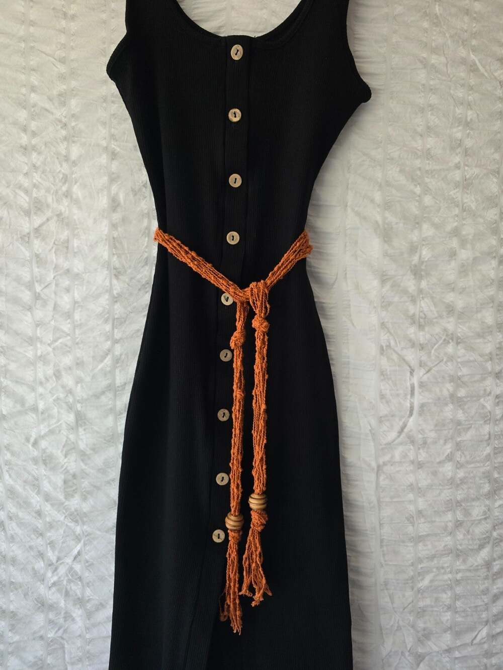 Aqua Fitted Black Ribbed Button-Front Midi Dress Size S *See Vintage Belt note*